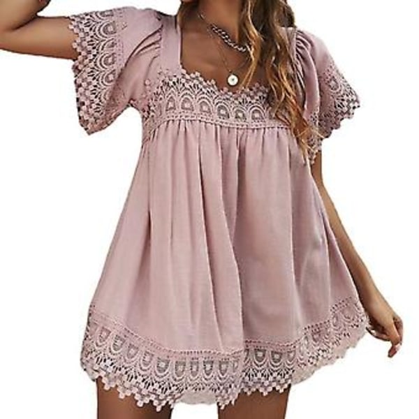 Sommertopper i blonde for damer, kort pufferm, firkantet hals, løse bluser og skjorter for fester, strender, ferier, rosa M