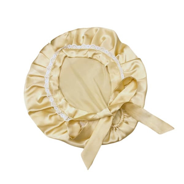 Silke sovehette med blonder for kvinner, 100 % morbærsilke hårhette Champagne Champagne