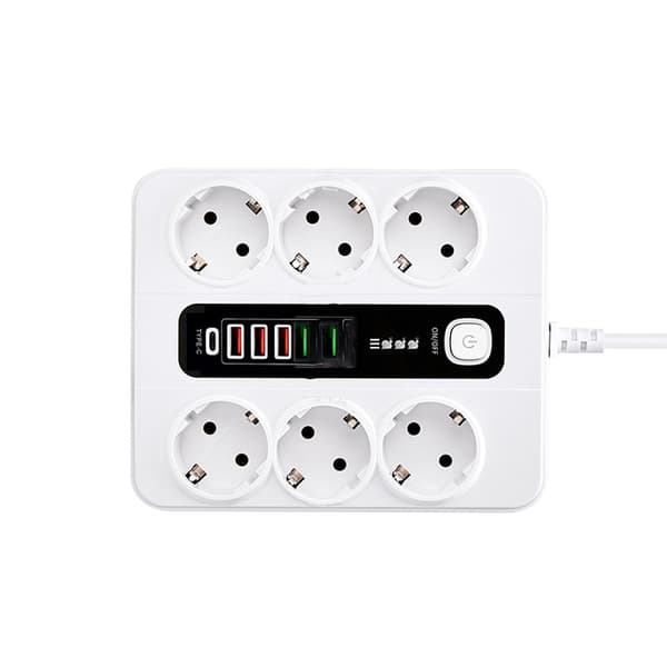 EU 6-veis stikkontakt, 5 USB-porter, 1 USB-C-port Hvit White