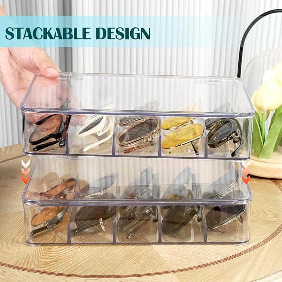 2x Solbrilleorganizer med låg - 5 rum - Stabelbar - Gennemsigtig - Brilleæske - 26×18×6cm