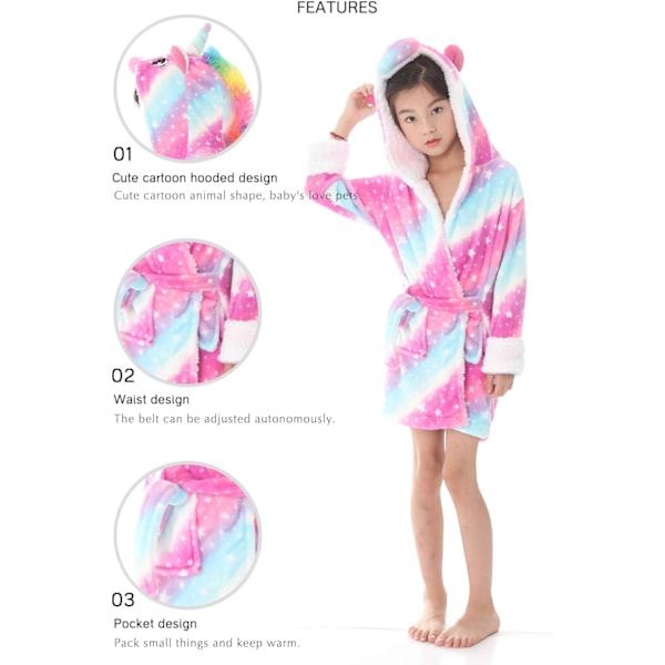 Barnas badekåper Badekåpe 3D Unicorn med hette, Jenter Gutter Fleece Myk Kigurumi Tegneserie Morgenhuskåpe Nattøy Pyjamas Lommer A-ros enhörning 140