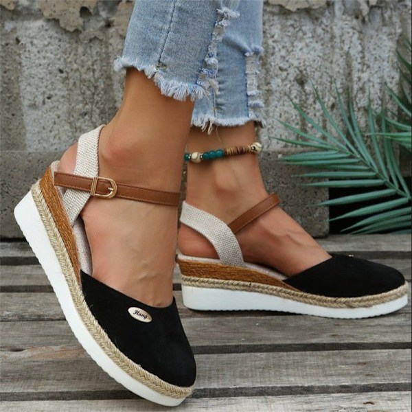2025 Sommar Dam Kilklack Sandaler Designer Gladiatorskor Klassiska Sandaler med Täckt Tå Mellanhöga Klackar Plus Storlek Negro 42
