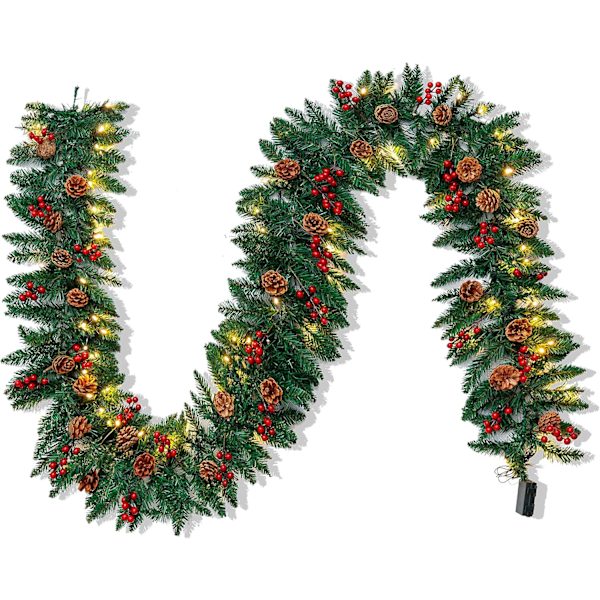 oiedomi 270 cm (10 inch) Artificial Christmas Garland, Pre-Lighted with 100 LEDs, 27 Pine Cones, 27 Red Berries