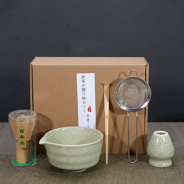 Ceramic Tea Set, inklusive Matcha skål, Matcha visphållare och Matcha visp, 5-delars set grön green