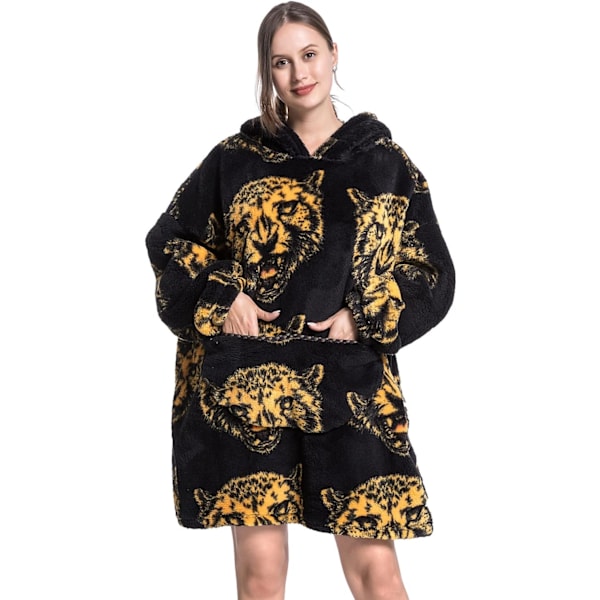 Unisex Filtgenserhette, Vintervarm Myk Oversized Sherpa Hettegenser Brukbar Filt Badekåpe Nattkjole, Leopard, One Size