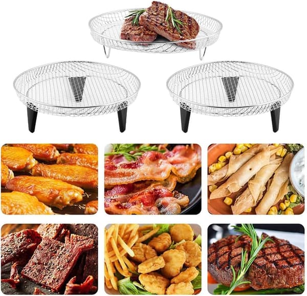 Airfryer tilbehør, 3-lags stabelbar tørrestativ, rustfrit stål med oliebørste og klips, passer til 4,2-5,8 QT