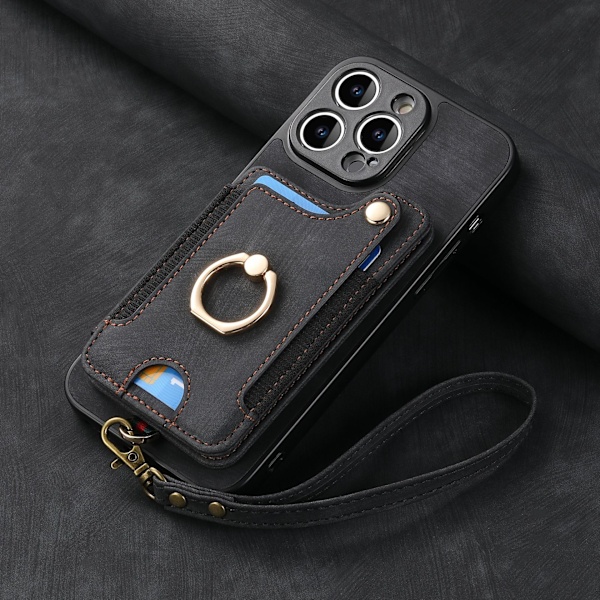 Egnet til iPhone mobiltelefon læderetui RFID tyverisikring børste ringspænde snor multifunktionel kortholder Sort [Med læderrem] Black [With Leather Lanyard]] iPhone 16