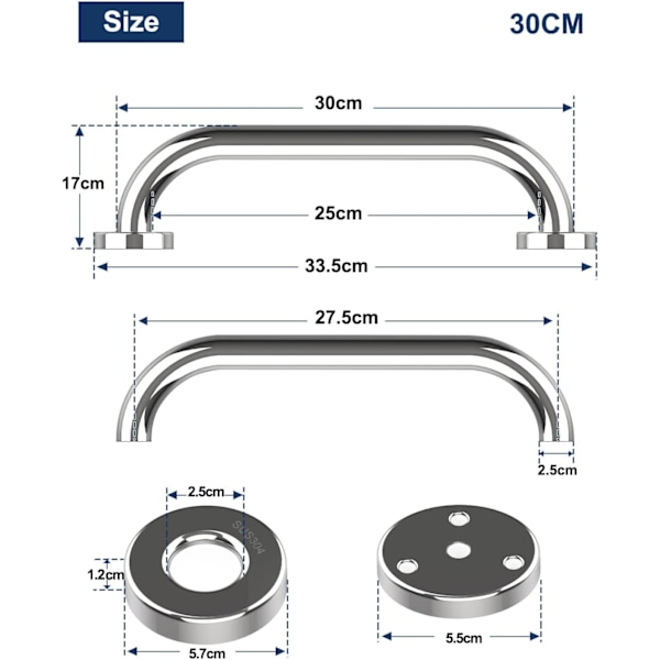 Toalettgrepp 30cm Krom Rostfritt Stål Badrumsgrepp, S_MGF