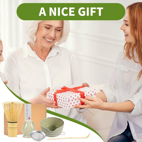 Ceramic Tea Set, inklusive Matcha skål, Matcha visphållare och Matcha visp, 5-delars set grön green