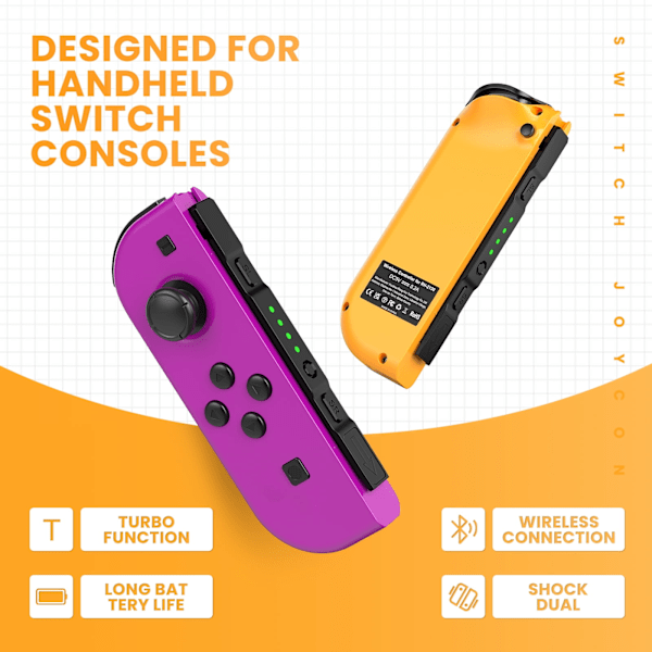 Trådløse Joy-Con-kontrollere for Nintendo Switch, Dobbel Vibrasjon, Skjermbilde, Sportskontroll, En-knapps Tilbakestilling, Bonacell Joypads Purple/Orange