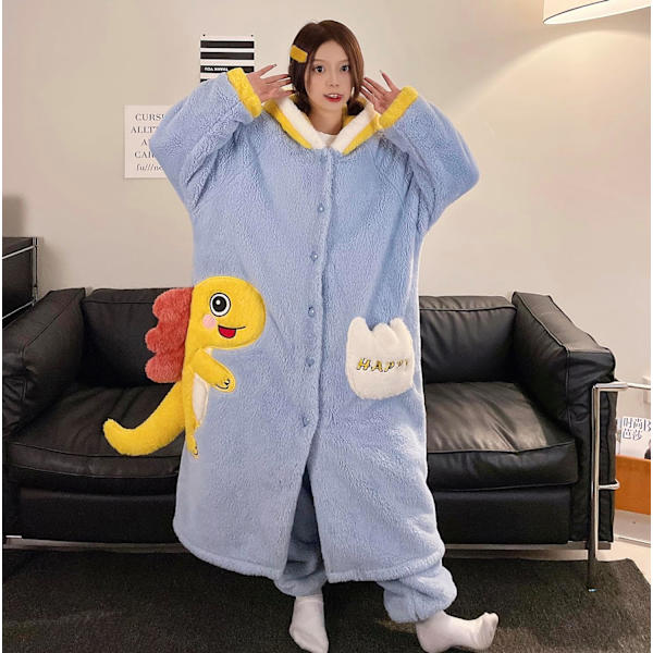 2-in-2 Miesten ja Naisten kylpytakki, Kylpytakit, Huppu ja Pyjamahousut, Talvivillainen Yöasu, Yöpaita, Negligee, Pyjamat Spa-hotellille, Juhliin Kvinnor-dinosaurie XXL
