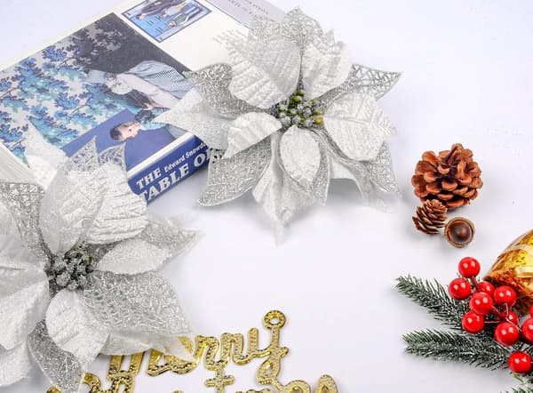 12 stk. kunstige julestjerner juleblomster glitterpynt_MGF