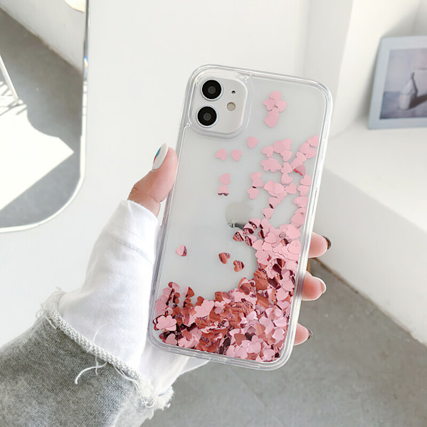 iPhone 12 - Flytande Glitter 3D Bling Skal Rosa