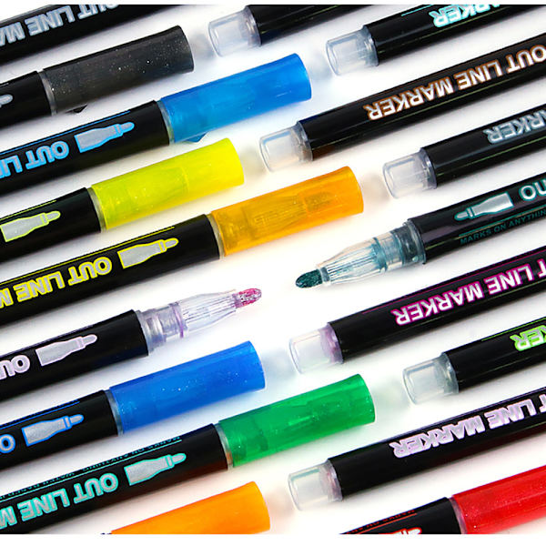 Outline Magic Pens Adventskalender Jenter 12 Farger Dobbel Linje Glitterpenner Metalliske Magic Penner for Maling, Gavekort, Scrapbooking, Håndverk, Jenter