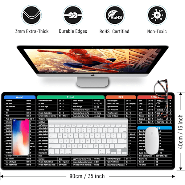Suuri Hiirimatto Excel-Näppäimistön Pikakuvakkeilla Toimistoon, Monitoiminen, Mukava Pelihiirimatto, Liukumaton Työpöytämatto Toimistoon ja Kotiin 900 shortcut keys