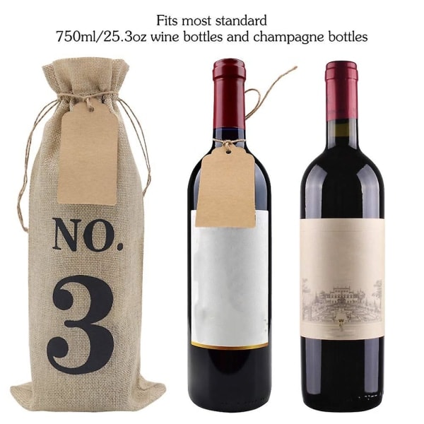 Nummererte jutevinposer med etiketter for blind vinsmaking, 10 stk, beige