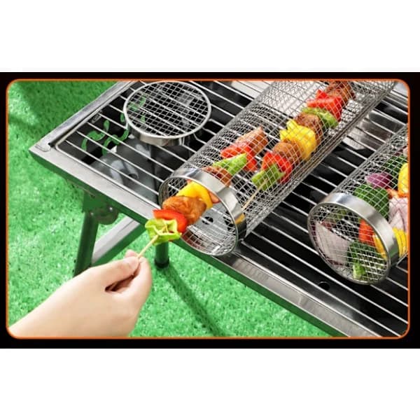 2-pack rullande grillkorgar i rostfritt stål BBQ-nätgrillburar för utomhuscampingpicknick silver stor large