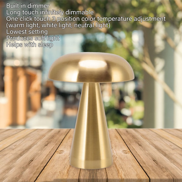 Svampeformet bordlampe i moderne minimalistisk industriel stil, 3 farver, dæmpbar, genopladelig, innovativ touch-lampe i guld