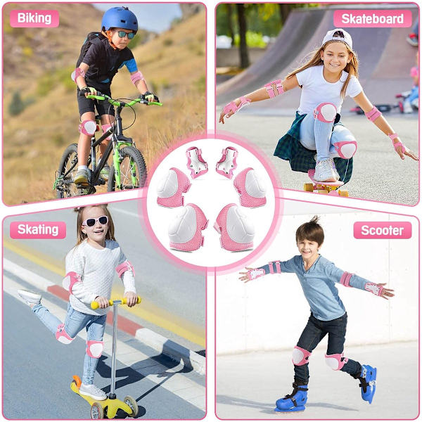 Barnskyddsutrustning, 3-i-1 knäskyddsset och handledsskydd, för 3-8 år, rosa