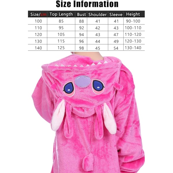 Barn Jumpsuit, Kostym, Djur, Onesie, Nattklänning, Pyjamas, Huvtröja, Nattkläder, Cosplay, Kigurumi, Karnevalskostym, Jul, Halloween Rosa söm Höjd 100/110 cm