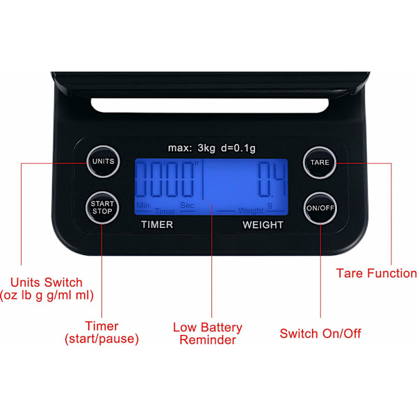 Digital kitchen scale / coffee scale 3 kg/0.1 g precision Black Black