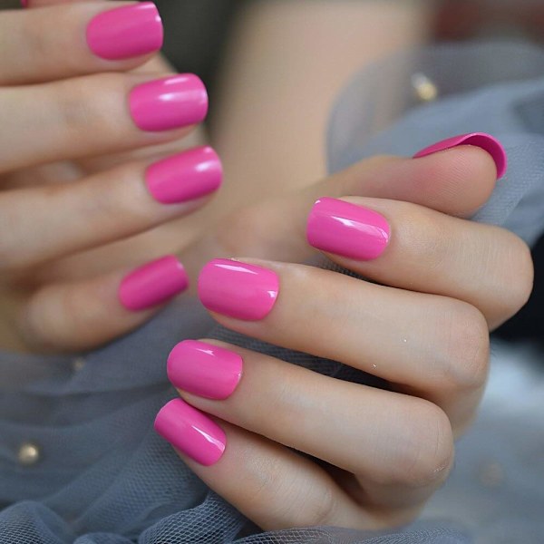 Korte Neon Falske Negl Deep Pink Rosa Kvadratisk Form Naturlig Gel Negl Kunstige Fargede Negltips med Adhesive Tabs