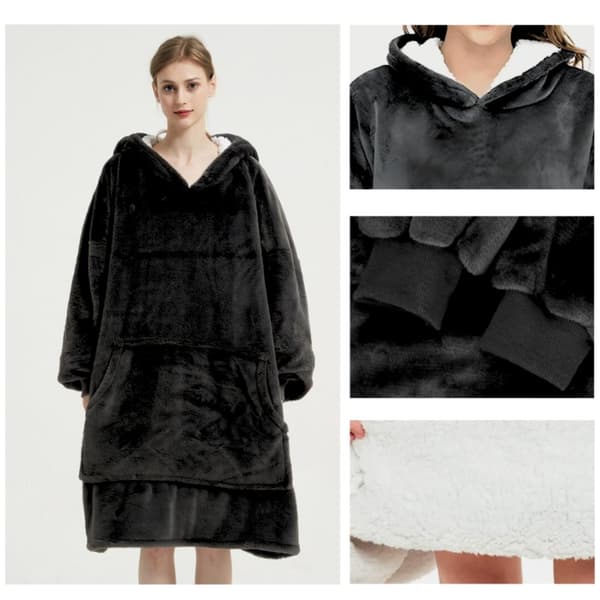 Fleecegenser, stor oversized, tykk, varm, med hette, svart, myk_MGF