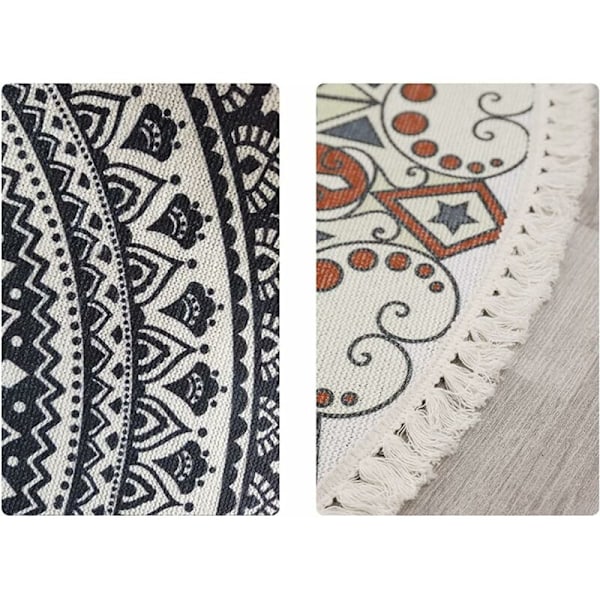 Rund Håndvævet Bomuldsmåtte til Stue Mandala Mønster Boheme Vintage Stil med Pomponer Maskinvaskbar til Soveværelse Gang Stue