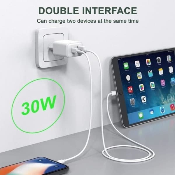 30W 2-portars snabbladdare + 20W 1M USB-C till USB-C-kabel för iPhone 15 Pro Max - iPhone 15 Plus - iPhone 15 Pro - iPhone 15 - Perfet_MGF