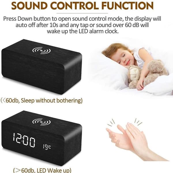 LED-herätyskello langattomalla latauksella, musta