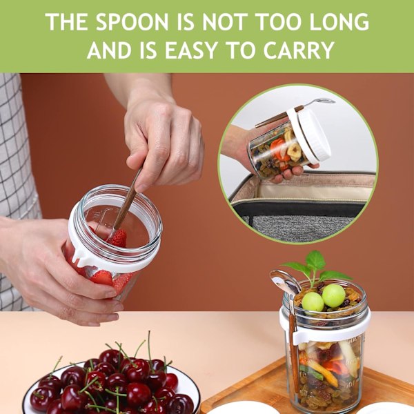 Overnight Oats-burkar, havregrynsbehållare med lock och sked, spannmålsförvaringsbehållare (vit2)