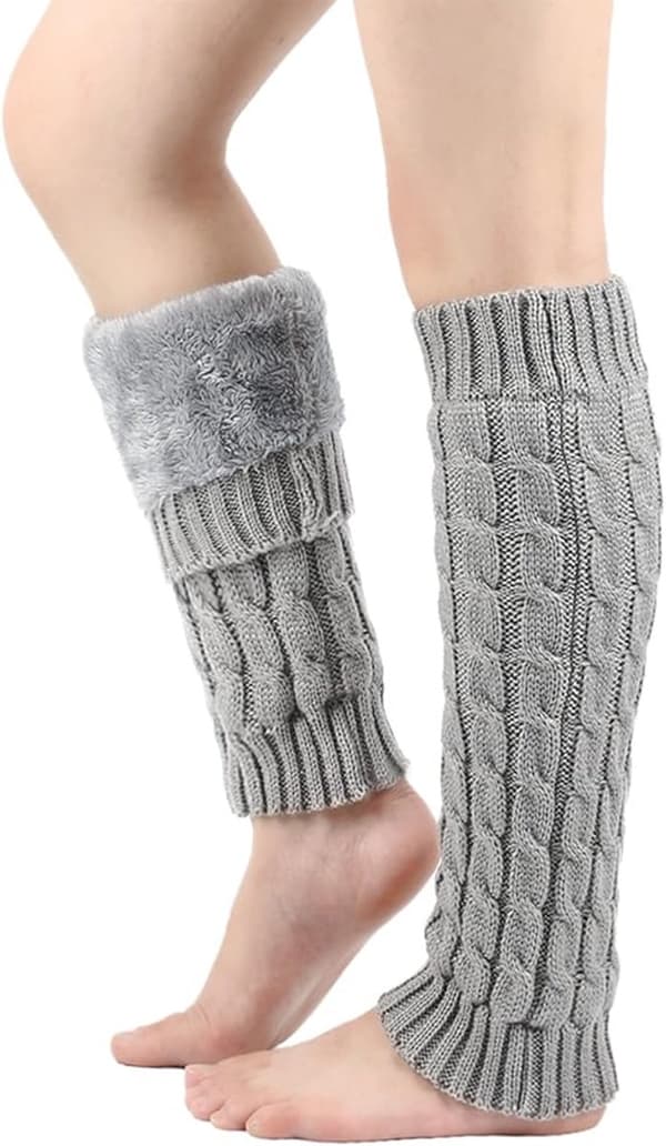 2-pack, Varma vinterleggings för kvinnor, fleecefoder, långa stickade leggings, varma stövelstrumpor, för skridskor, grå