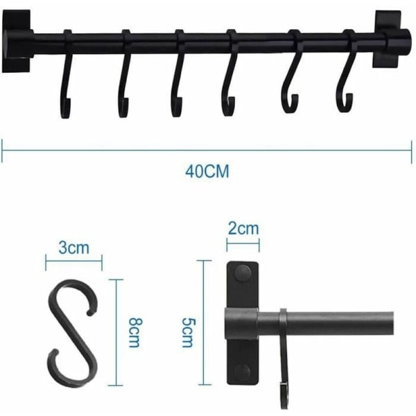 Kjøkkenredskapsholder, 40 cm kjøkkenoppbevaringsstativ med 6 avtakbare kroker (svart)