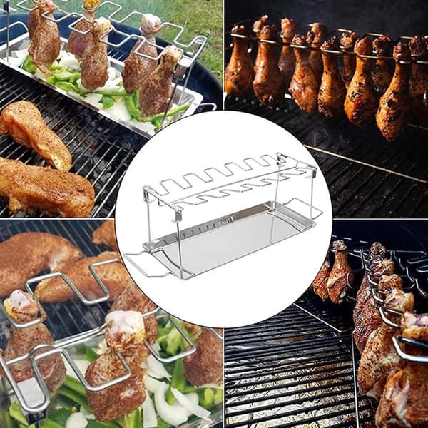 Kyllingelårsgrillrist - Robust og holdbart kyllingegrillstativ - Sammenklappelig grill i rustfrit stål - Velegnet til madlavning udendørs, camping og picnic