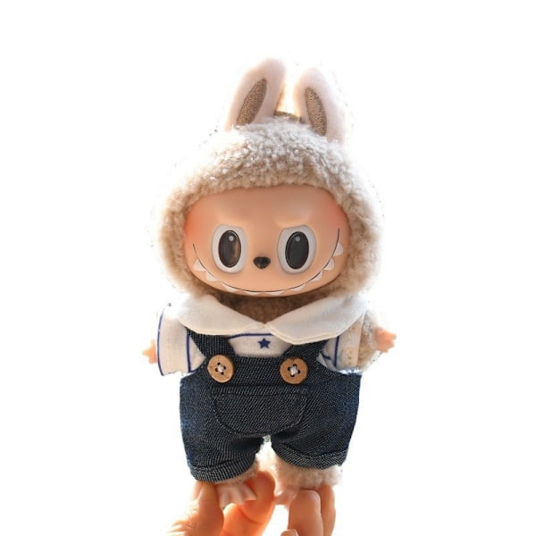 Riippuvat denim-henkselit kaksiosainen setti, (vain vaatteet) 17cm riippuva sokkolaatikko macaron Labubu Labubu Time to chill -nukenvaatteet