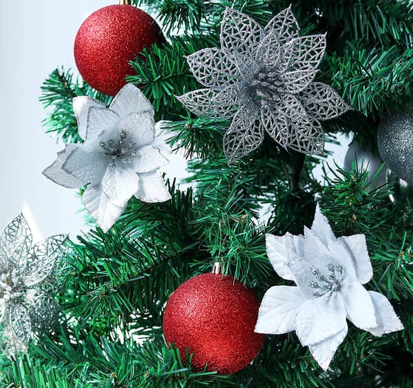 Julerose kunstige blomster juledekorasjon 12-pakning Hvit/sølv