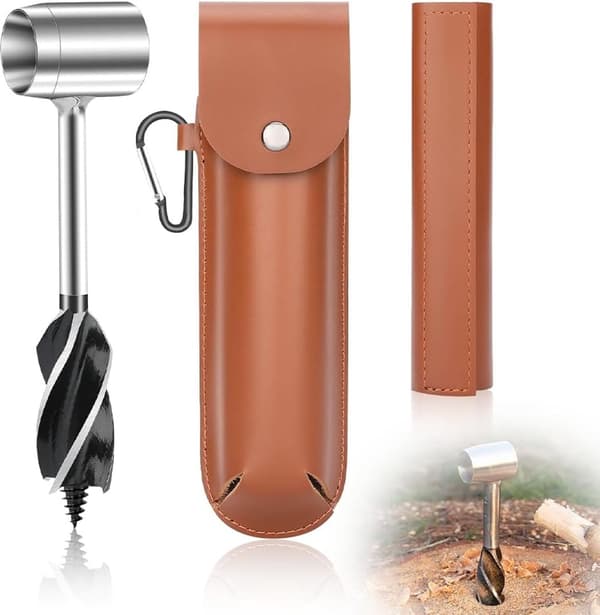 Campinghandsborr för Bushcraft, med läderfodral, träborr, manuell drift, brun