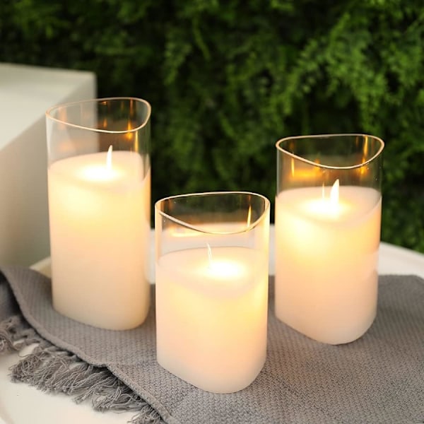 Set of 3 Triangle Shape Real Wax Glass Candles - Flameless with Timer for Christmas Decor