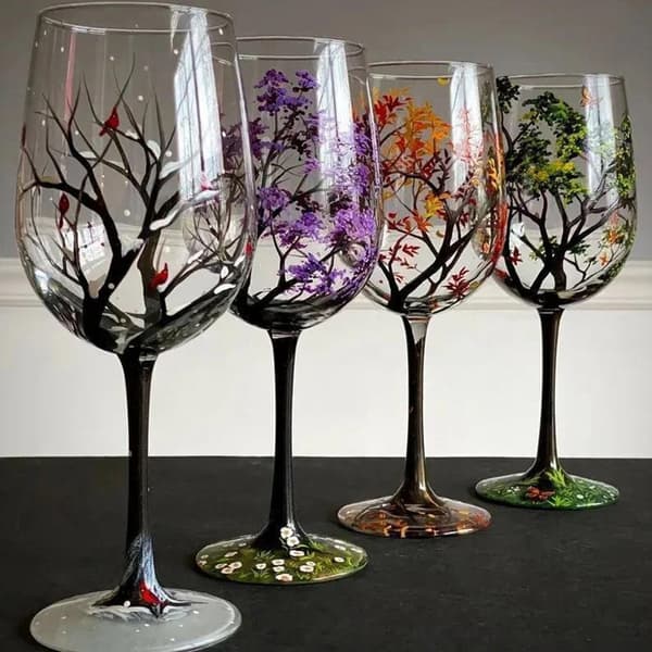 Four Seasons Trees Vinglass Goblet Creative Printed Glass C A Onesize