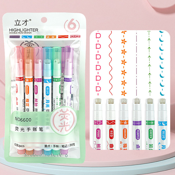 6 kpl Highlighter Marker -kynä Lineaarinen lyijykynä Pitsi Roller Tip Multi A 6pcs