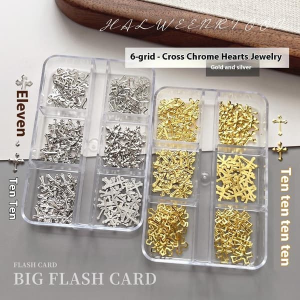 6Grid Nail Charms Metallnit Mix 3D Rhinestone Cross Thin Shee Silver