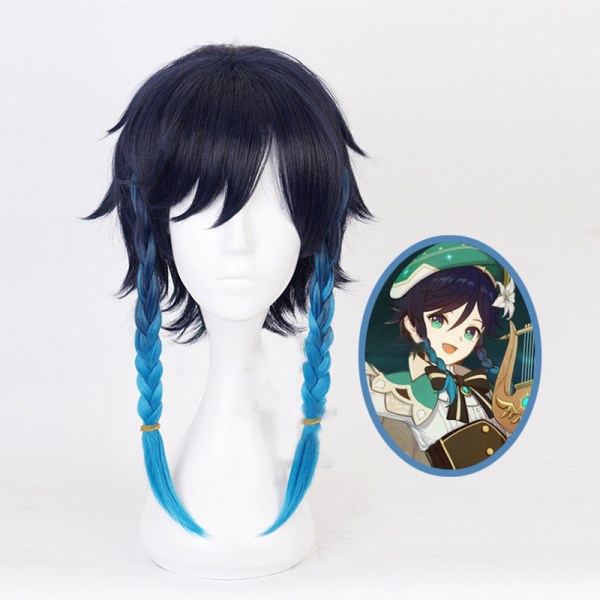 Spil Genshin Impact Venti Gradient Blue Cosplay Wig Braided Syn Black one size