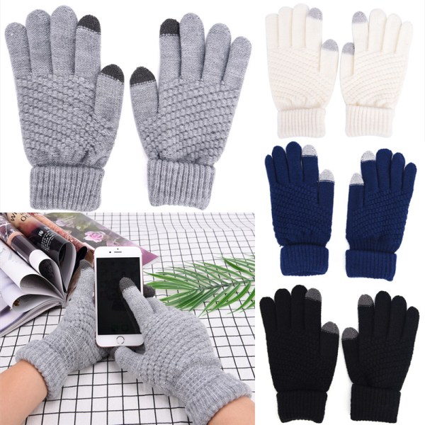 stickade Vinter Varma Ull Handskar Touch Handskar Man Dam Vinter Navy Blue One Size