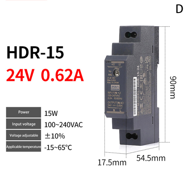 Power kytkentävirtalähteet DC HDR-15W/30W-5V/12V/15V/24V Hal black HDR-15-24V/0.63A