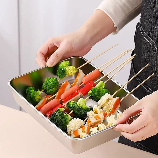 Rustfritt stål Firkantet Plate Skuff BBQ Plate Container Kjøkken Silver with lid