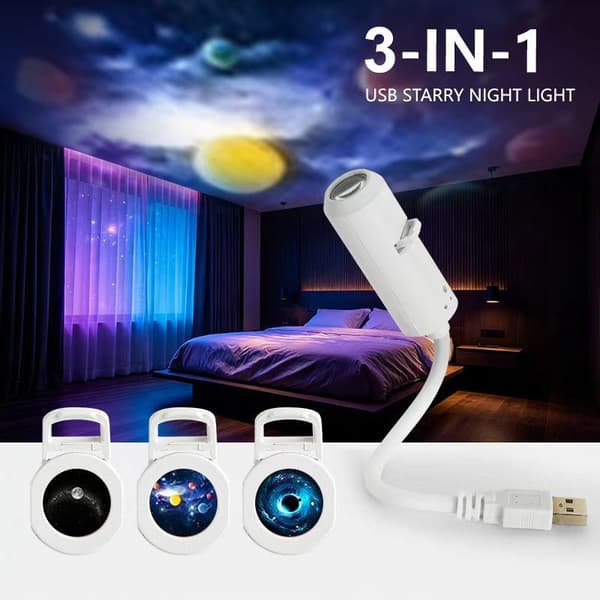 USB Galaxy Projektor Natlys 360° Roterende LED Stjernehimmel Amb A3