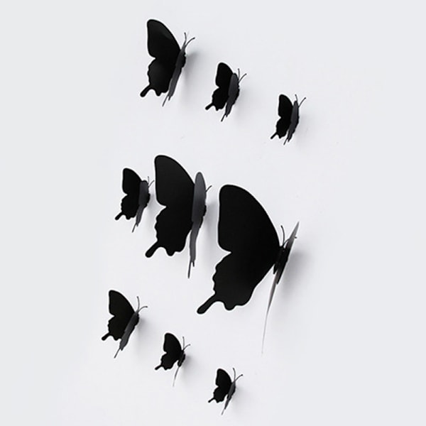 12 Stk/sæt 3D sort Pteris Butterfly Wall Sticker Sommerfugle Ma Black onesize