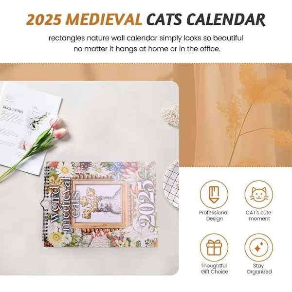 2025 Middelalderlig Merkelig Katt Kalender - Hilarisk og Særegen Katt Kunst cat