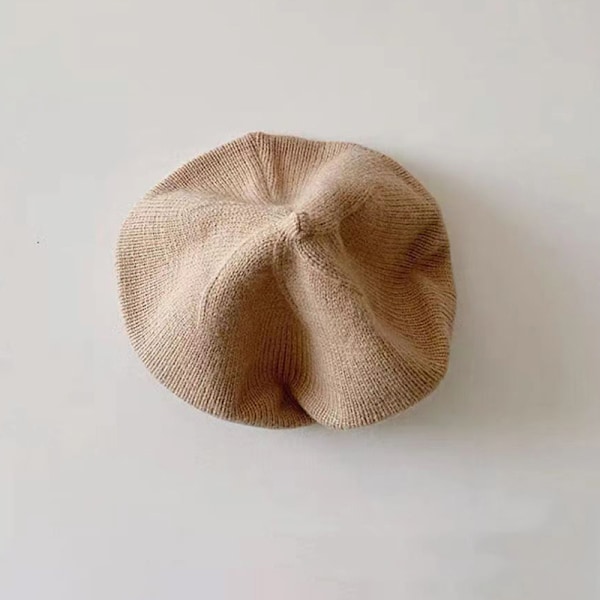 Modebebistickad Beret Hatt Solid Färg Barn Varm Khaki