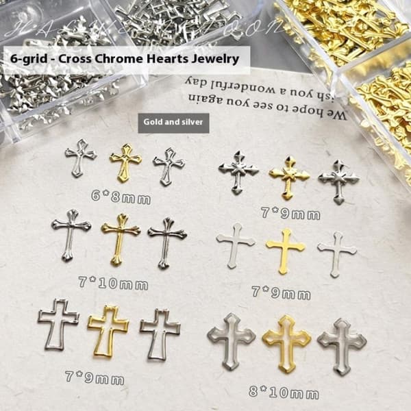 6Grid Nail Charms Metallnit Mix 3D Rhinestone Cross Thin Shee Silver